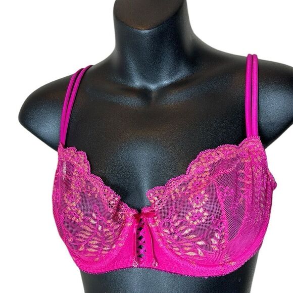 Victoria’s Secret mesh bra  unlined demi 34D hot pink/gold Barbie fairy lace up - Picture 1 of 5